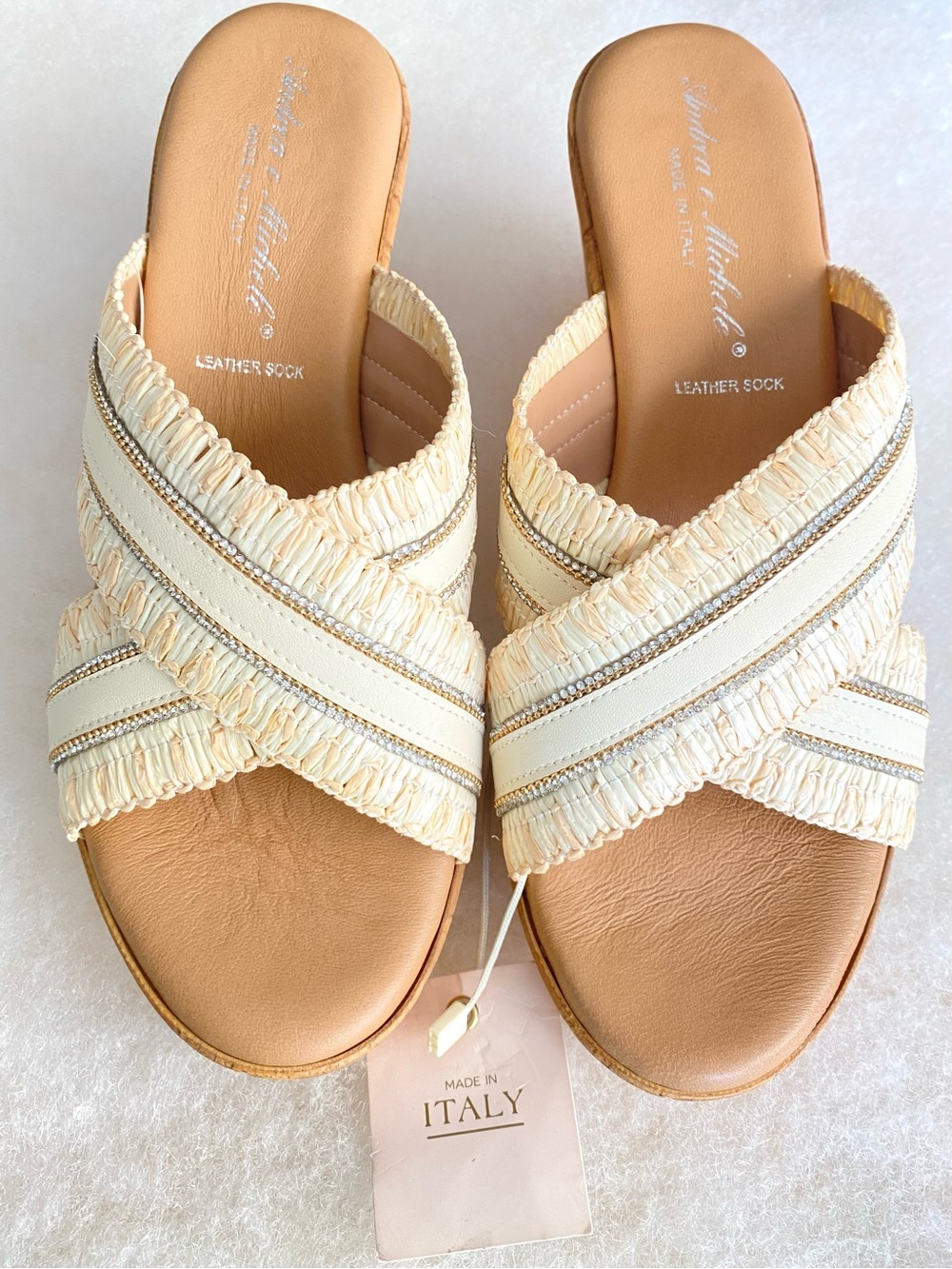 Made in Italy Andrea e Michele Raffia Rhinestone Cork Wedge Slide Sandals 7.5